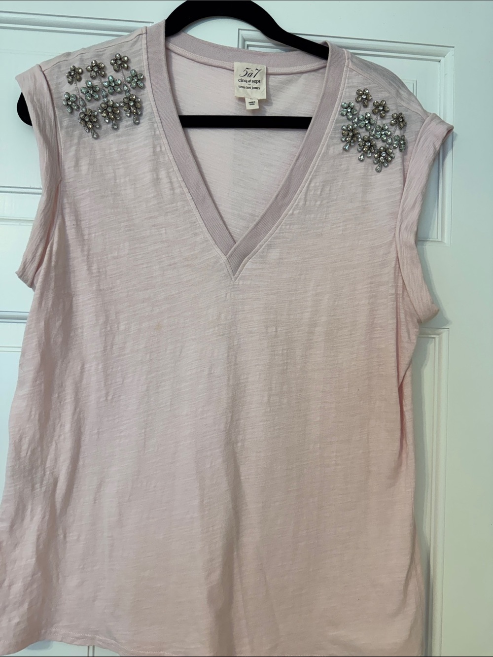 cinq a sept Pale Pink V-Neck Embellished Shoulder Tank